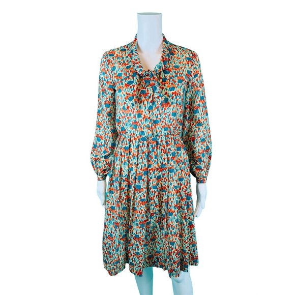 Vintage 1980s Silk Shirtdress Necktie Red Orange Blue Artistic Printed Dress - Picture 2 of 10